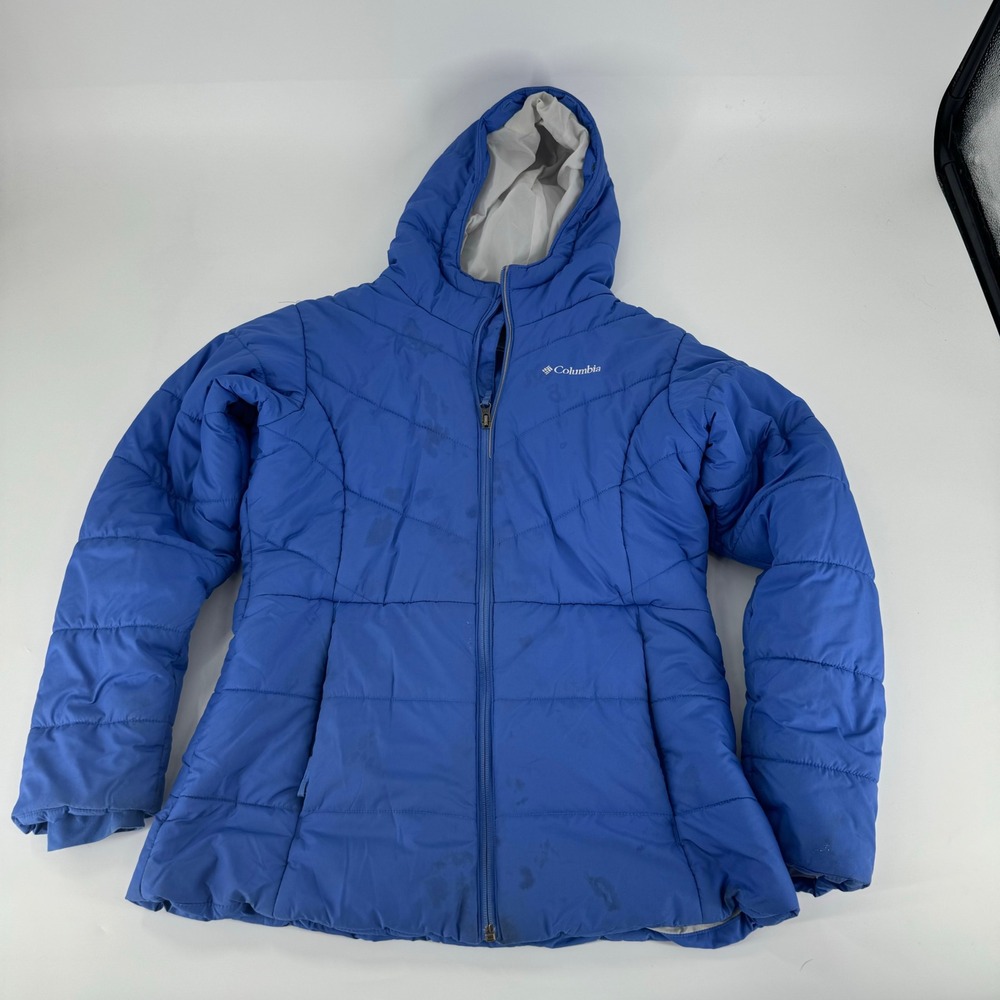Columbia Kids Blue Puffer Hooded Jacket Size XL Winter Snow Warm Coat flaws